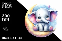 Colorful Baby Elephant on Moon | Sublimation | Clipart Product Image 1