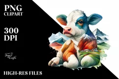 Watercolor Baby Cow Mountain PNG Product Image 3