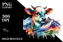 Watercolor Baby Cow Mountain PNG Product Image 3