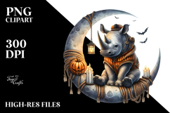 Watercolor Rhino Dressed for Halloween Sitting on Moon PNG Product Image 2