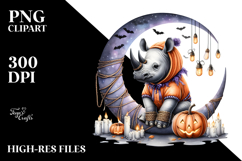 Watercolor Rhino Dressed for Halloween Sitting on Moon PNG Product Image 2