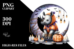 Watercolor Rhino Dressed for Halloween Sitting on Moon PNG Product Image 2