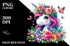 Cute Unicorn with Floral Wreath PNG Product Image 2