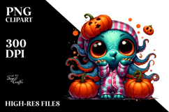 Tiny Kraken in Pajamas with Pumpkins PNG Product Image 2