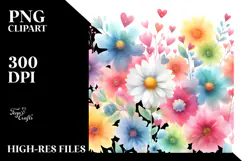 Simple Flower with Hearts Watercolor Digital Painting JPEG Product Image 2