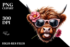 Highland Cow with Sunglasses and Flower in Mouth PNG Product Image 2