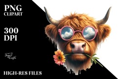 Highland Cow with Sunglasses and Flower in Mouth PNG Product Image 2