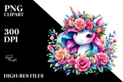 Smiling Unicorn with Floral Wreath, Vibrant PNG Product Image 2