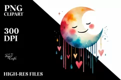 Smiling Half Moon with Hearts, Watercolor PNG Product Image 2