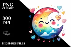 Smiling Half Moon with Hearts, Watercolor PNG Product Image 2