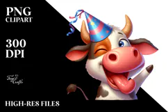 Cartoon Cow with Party Hat PNG Product Image 2