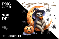Watercolor Sloth Dressed for Halloween Sitting on Moon PNG Product Image 2
