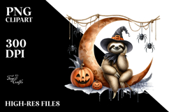 Watercolor Sloth Dressed for Halloween Sitting on Moon PNG Product Image 2