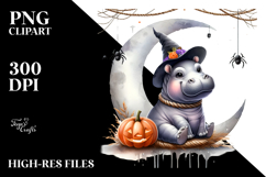 Watercolor Hippo Dressed for Halloween Sitting on Moon PNG Product Image 2