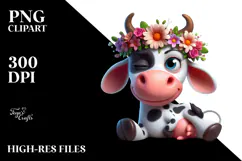 Whimsical Cartoon Cow with Flower Crown, PNG Product Image 2