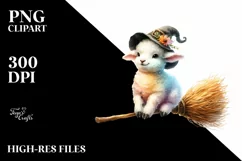 Colorful Baby Lamb on Witch Broom, Splash Sweet Pea | Product Image 1