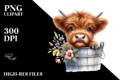 Cute Baby Highland Cow with Wooden Bucket PNG Product Image 1