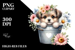 Cute Baby Dog in Bucket with Flowers PNG Product Image 1