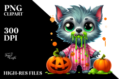 Funny Tiny Werewolf in Pajamas with Pumpkins PNG Product Image 2