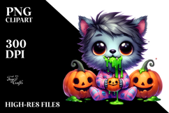 Funny Tiny Werewolf in Pajamas with Pumpkins PNG Product Image 2