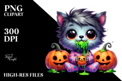 Funny Tiny Werewolf in Pajamas with Pumpkins PNG Product Image 2