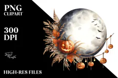 Watercolor Moon with Jack o Lanterns PNG Product Image 2