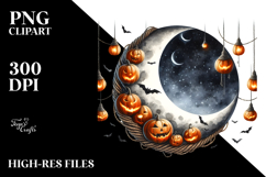 Watercolor Moon with Jack o Lanterns PNG Product Image 2