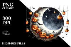 Watercolor Moon with Jack o Lanterns PNG Product Image 2