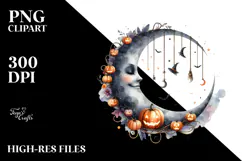 Watercolor Moon with Jack o Lanterns PNG Product Image 2