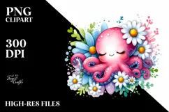 Cute Baby Octopus Sleeping Flower Watercolor Clipart Product Image 3