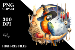 Watercolor Macaw Dressed for Halloween Sitting on Moon PNG Product Image 2