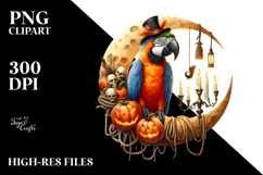 Watercolor Macaw Dressed for Halloween Sitting on Moon PNG Product Image 2