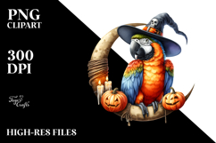 Watercolor Macaw Dressed for Halloween Sitting on Moon PNG Product Image 2