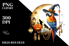 Watercolor Macaw Dressed for Halloween Sitting on Moon PNG Product Image 2