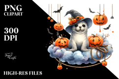 Watercolor Seal Dressed for Halloween Sitting on Cloud PNG Product Image 2