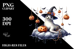 Watercolor Seal Dressed for Halloween Sitting on Cloud PNG Product Image 2