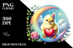 Colorful Baby Chicken on Moon with Heart, PNG Product Image 2