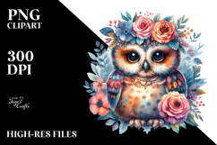 Baby Owl with Floral Wreath | Watercolor Clipart Product Image 2