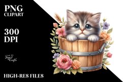 Cute Baby Cat with Wooden Bucket PNG Product Image 3