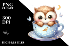 Funny Baby Owl in Teacup | Watercolor Clipart Product Image 2