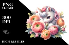 Cute Baby Unicorn with Ranunculus | Sublimation | Clipart Product Image 3
