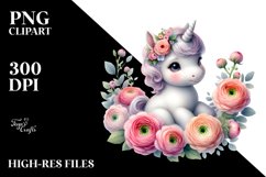 Cute Baby Unicorn with Ranunculus | Sublimation | Clipart Product Image 1