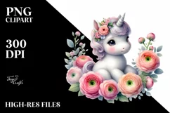 Cute Baby Unicorn with Ranunculus | Sublimation | Clipart Product Image 1