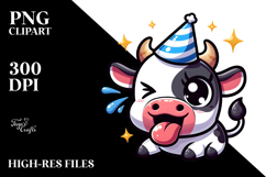Happy Cartoon Cow with Party Hat PNG Product Image 2