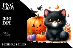 Cute Baby Black Cat with Pumpkin | Clipart Product Image 2