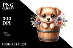 Cute Baby Dog with Wooden Bucket PNG Product Image 3