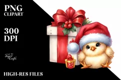Funny Chicken in Santa Hat Behind Gift Box PNG Product Image 2