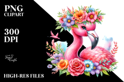 Cartoon Flamingo with Flower Crown, Bright PNG Product Image 2