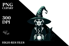 Retro Evil Witch with Cat Watercolor PNG Product Image 2