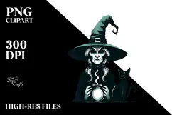 Retro Evil Witch with Cat Watercolor PNG Product Image 2